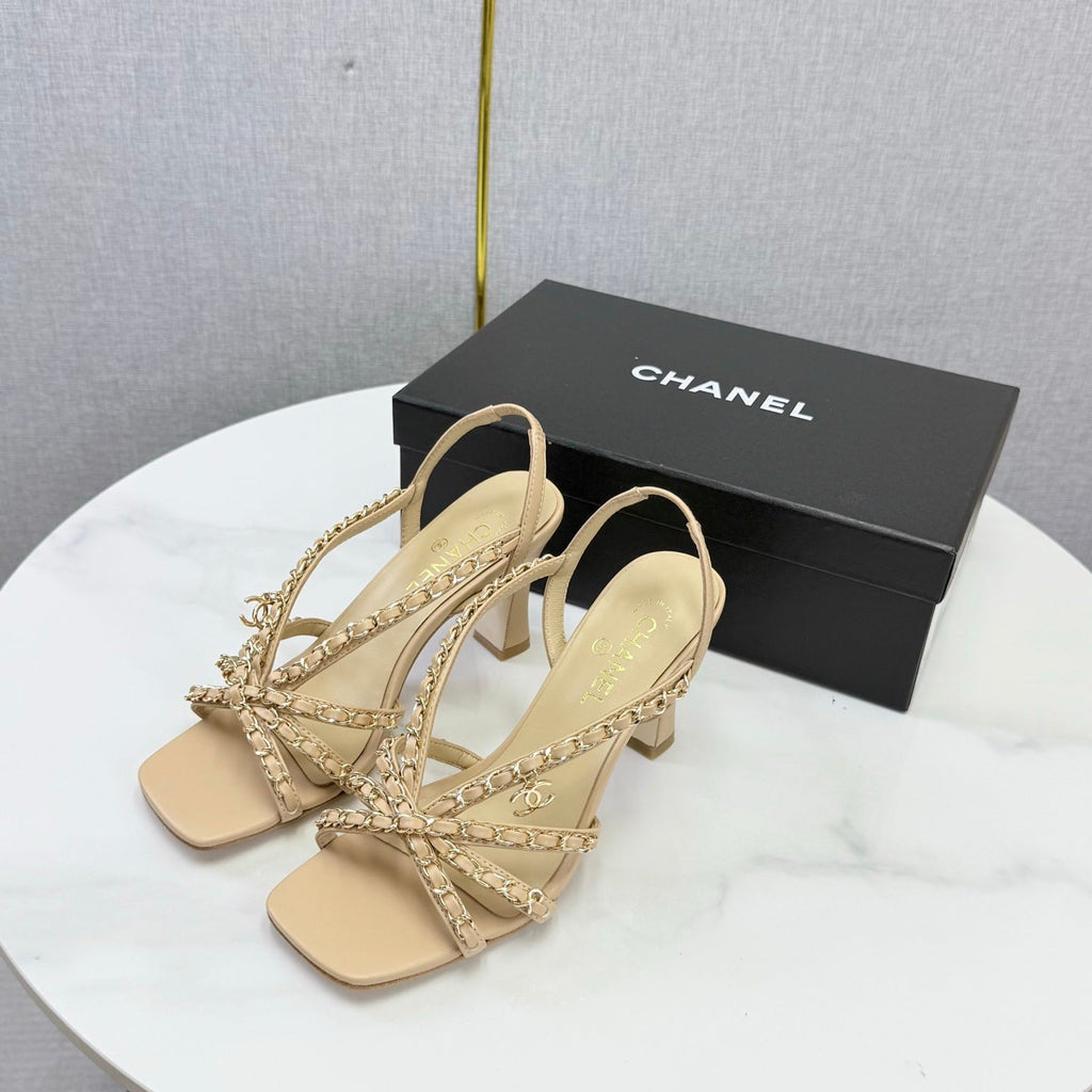CHANEL 26S CHAIN STRAP HIGH HEELS 65 MM IN BEIGE LAMBSKIN