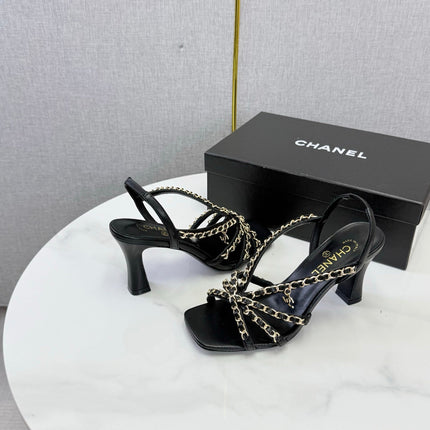 CHANEL 26S CHAIN STRAP HIGH HEELS 65 MM IN BLACK LAMBSKIN