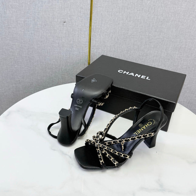 CHANEL 26S CHAIN STRAP HIGH HEELS 65 MM IN BLACK LAMBSKIN