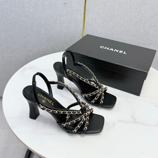 CHANEL 26S CHAIN STRAP HIGH HEELS 65 MM IN BLACK LAMBSKIN