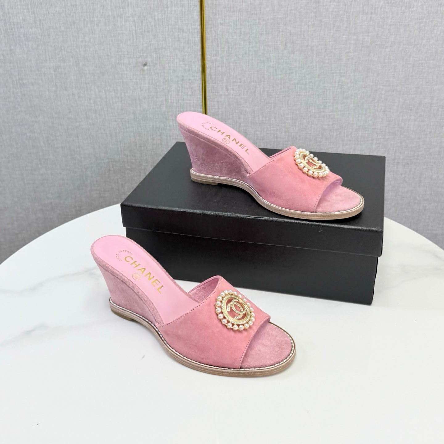 CHANEL 26S WEDGE HEELS IN PINK SUEDE WITH CC PEARL EMBELLISHED