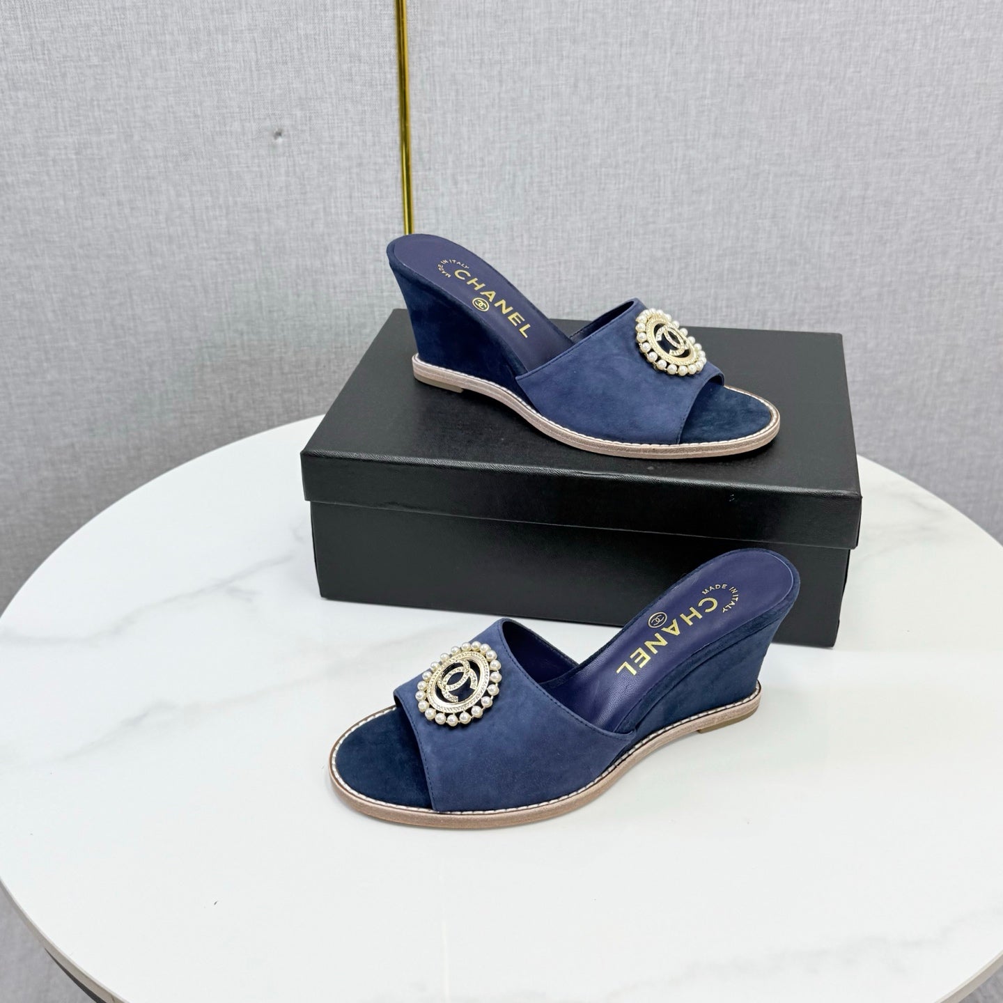 CHANEL 26S WEDGE HEELS IN DARK BLUE SUEDE WITH CC PEARL EMBELLISHED