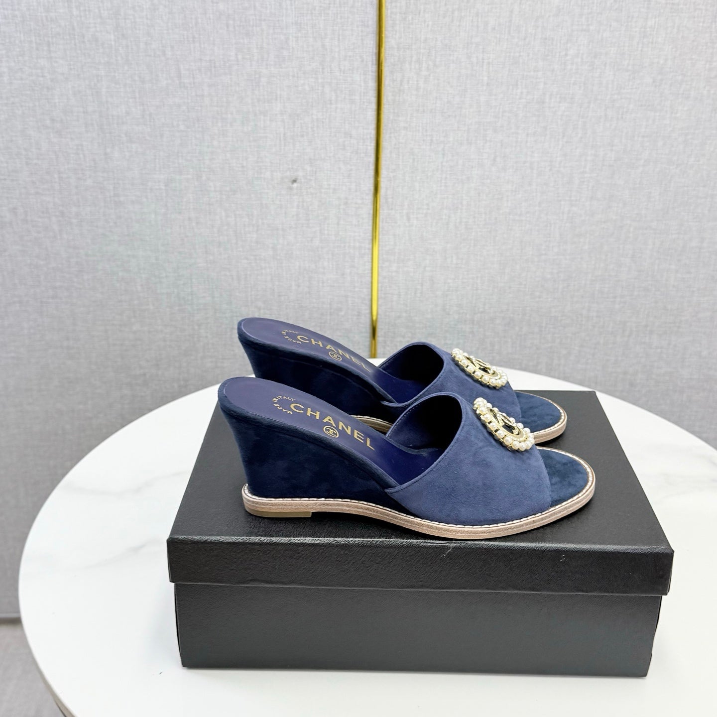 CHANEL 26S WEDGE HEELS IN DARK BLUE SUEDE WITH CC PEARL EMBELLISHED