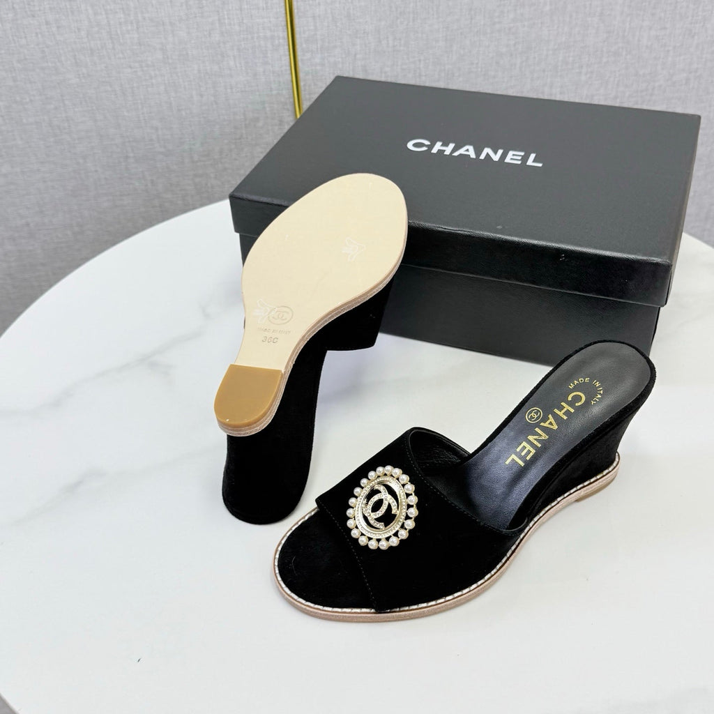 CHANEL 26S WEDGE HEELS IN BLACK SUEDE WITH CC PEARL EMBELLISHED