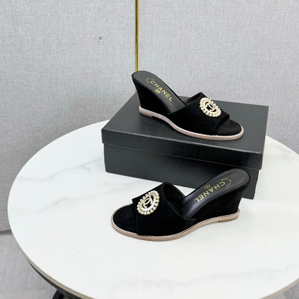 CHANEL 26S WEDGE HEELS IN BLACK SUEDE WITH CC PEARL EMBELLISHED