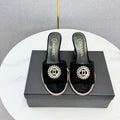 CHANEL 26S WEDGE HEELS IN BLACK SUEDE WITH CC PEARL EMBELLISHED