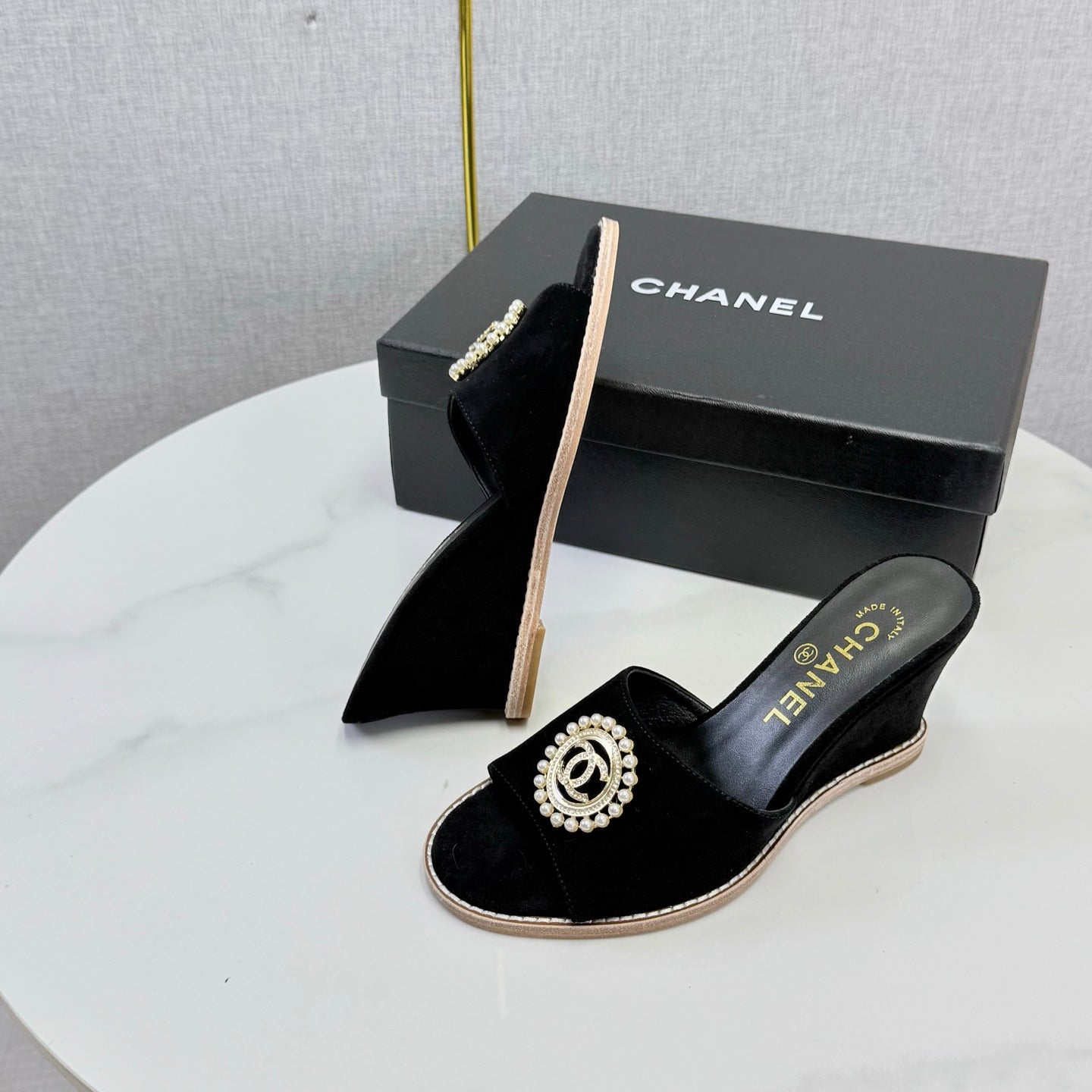 CHANEL 26S WEDGE HEELS IN BLACK SUEDE WITH CC PEARL EMBELLISHED