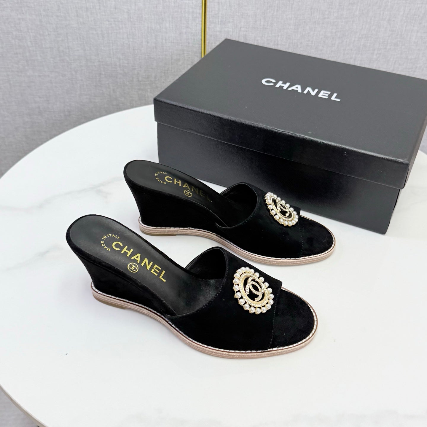 CHANEL 26S WEDGE HEELS IN BLACK SUEDE WITH CC PEARL EMBELLISHED