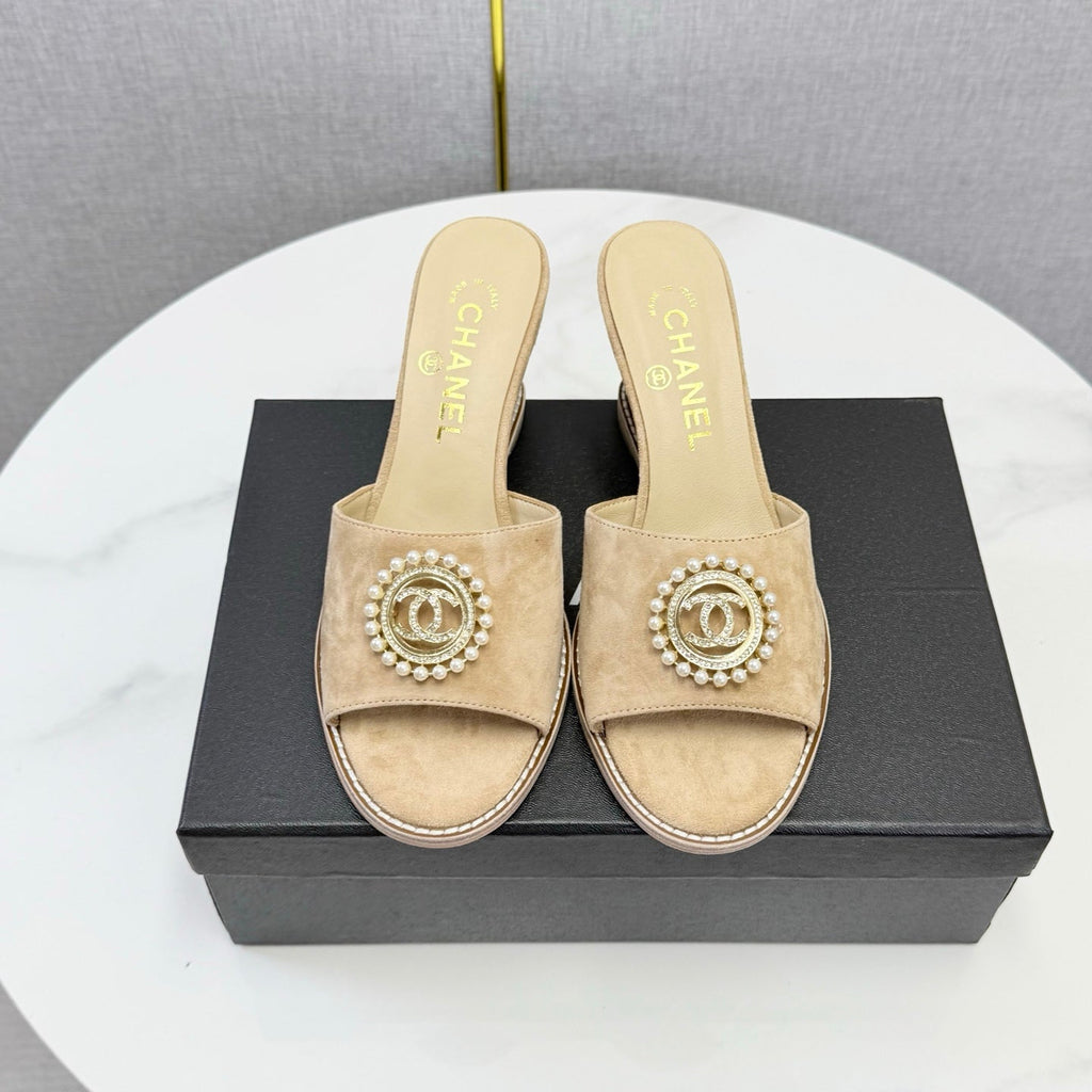 CHANEL 26S WEDGE HEELS IN BEIGE SUEDE WITH CC PEARL EMBELLISHED