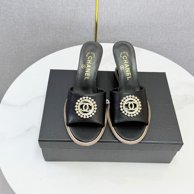 CHANEL 26S WEDGE HEELS IN BLACK LAMBSKIN WITH CC PEARL EMBELLISHED