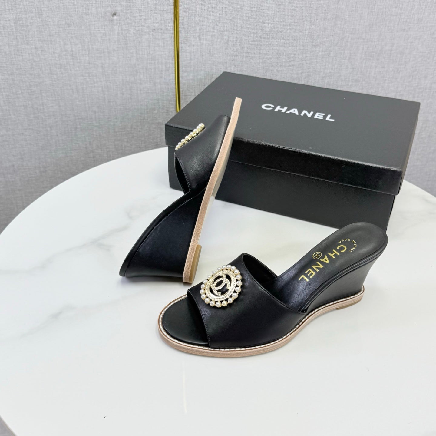 CHANEL 26S WEDGE HEELS IN BLACK LAMBSKIN WITH CC PEARL EMBELLISHED