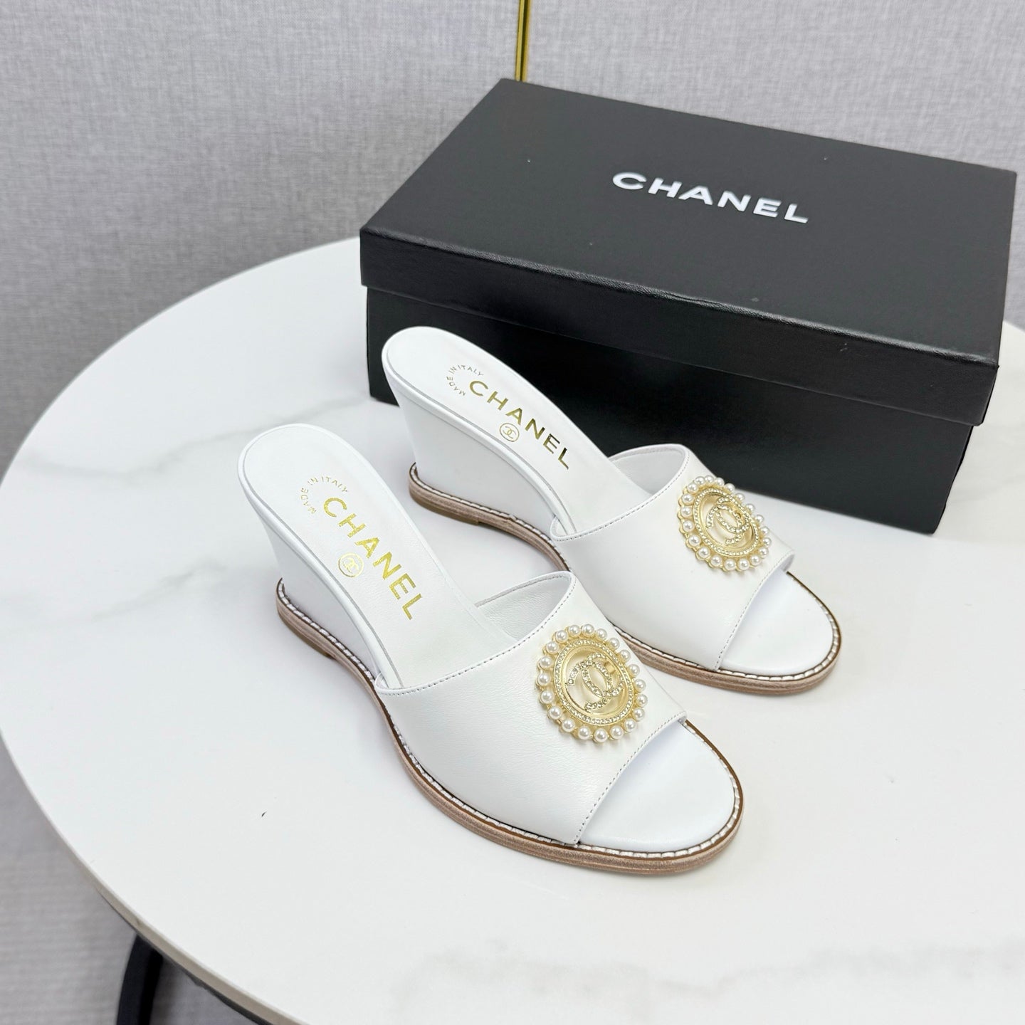 CHANEL 26S WEDGE HEELS IN WHITE LAMBSKIN WITH CC PEARL EMBELLISHED