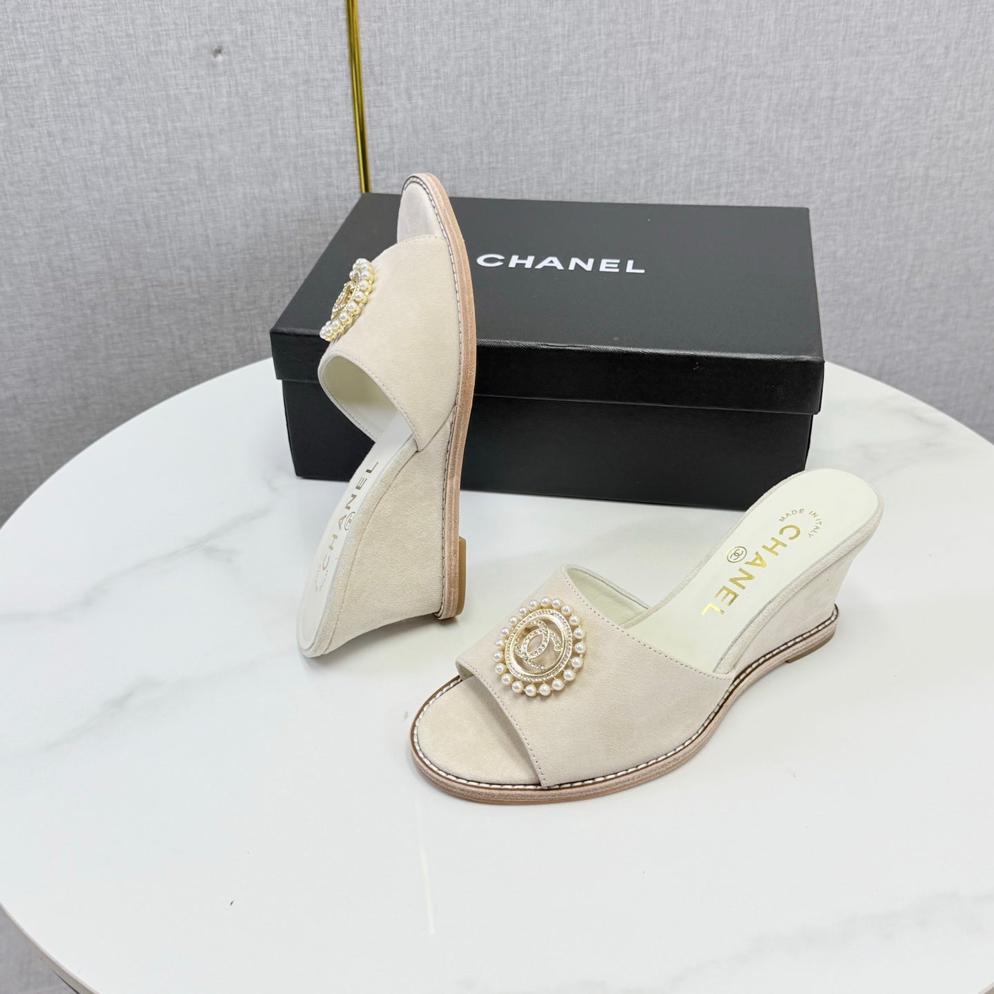 CHANEL 26S WEDGE HEELS IN LIGHT BEIGE SUEDE WITH CC PEARL EMBELLISHED