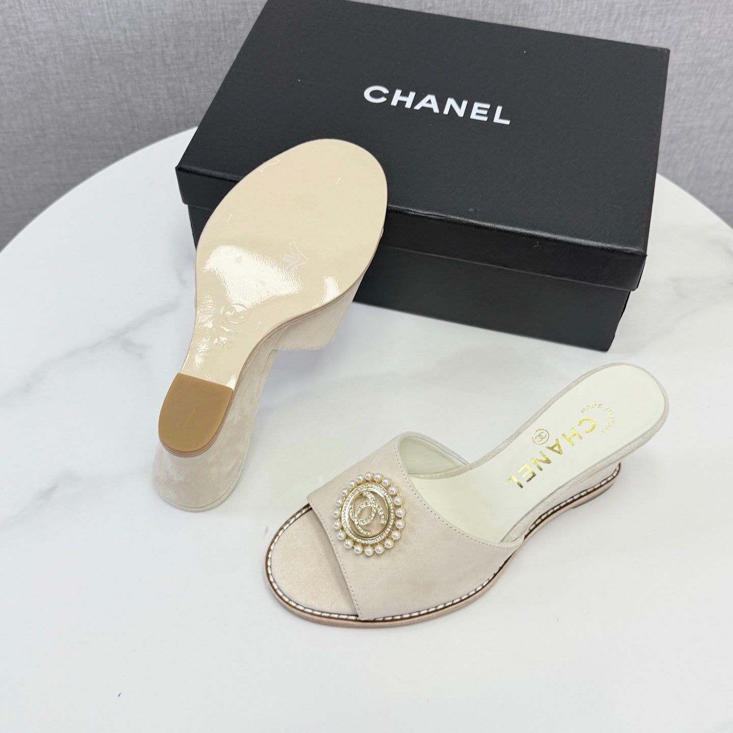 CHANEL 26S WEDGE HEELS IN LIGHT BEIGE SUEDE WITH CC PEARL EMBELLISHED