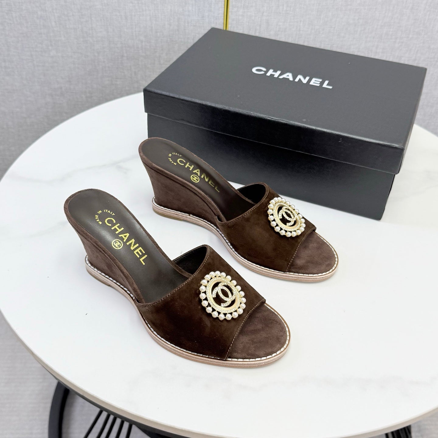 CHANEL 26S WEDGE HEELS IN DARK BROWN SUEDE WITH CC PEARL EMBELLISHED