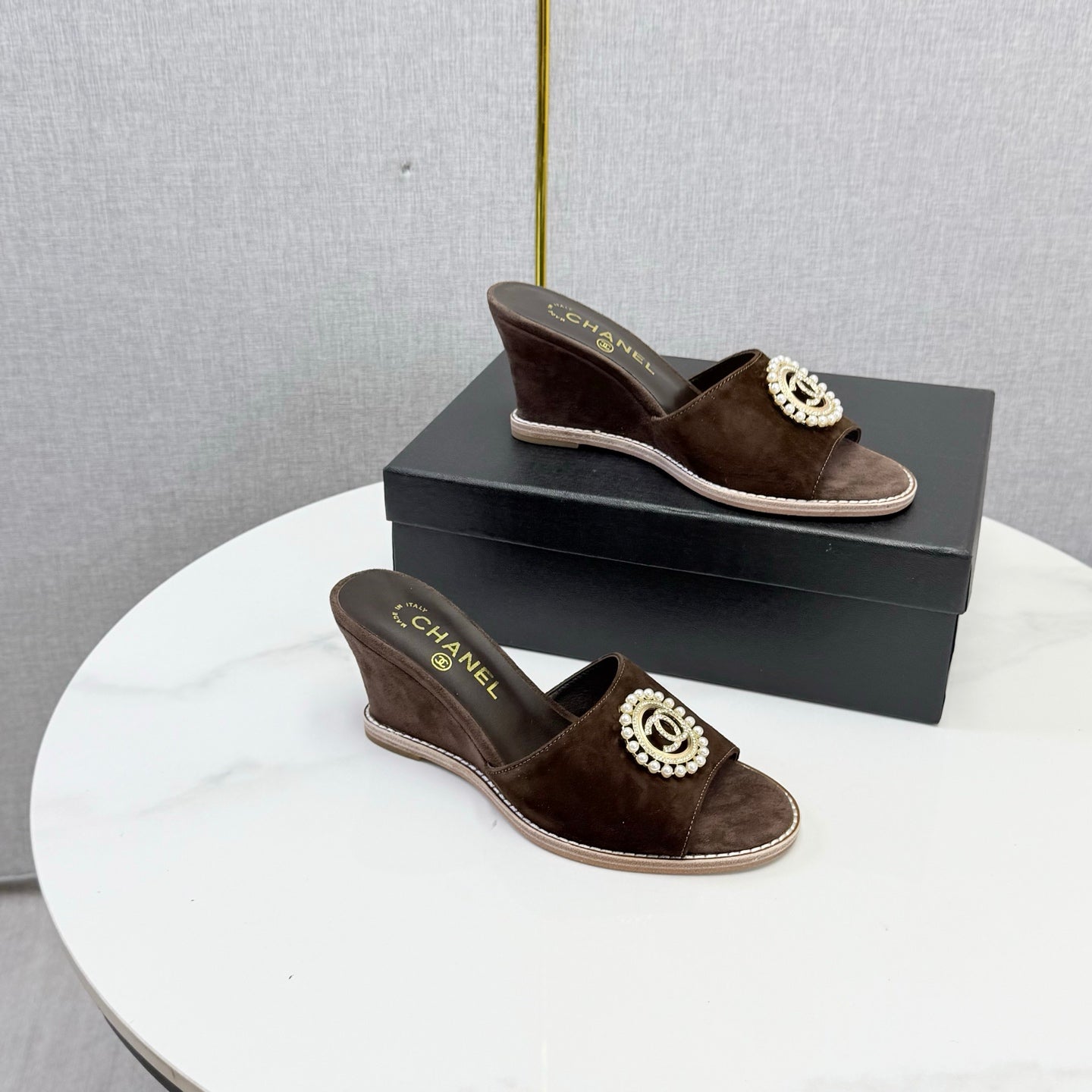 CHANEL 26S WEDGE HEELS IN DARK BROWN SUEDE WITH CC PEARL EMBELLISHED