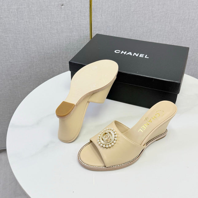 CHANEL 26S WEDGE HEELS IN BEIGE LAMBSKIN WITH CC PEARL EMBELLISHED