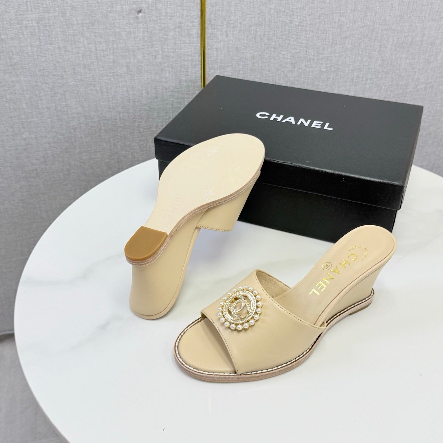 CHANEL 26S WEDGE HEELS IN BEIGE LAMBSKIN WITH CC PEARL EMBELLISHED