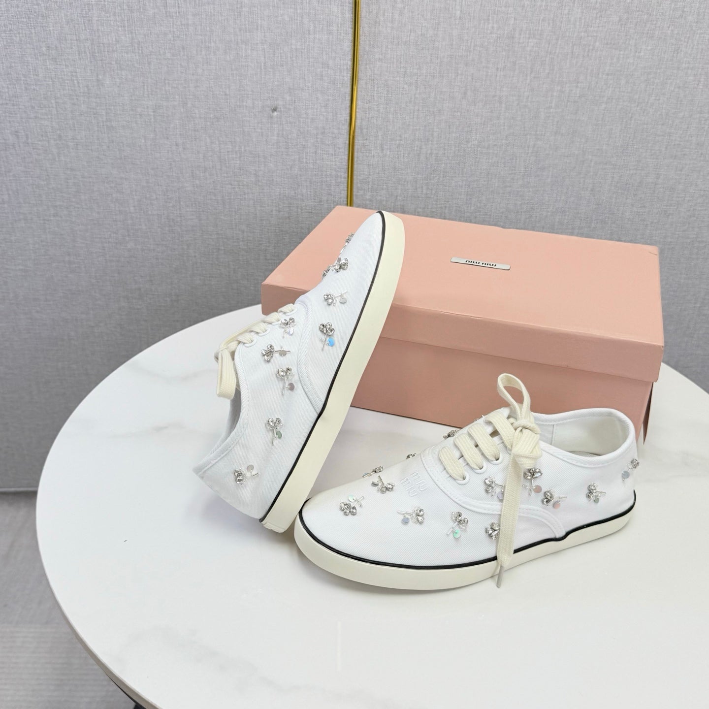 MIUMIU 26S EMBELLISHED SNEAKERS IN WHITE FABRIC