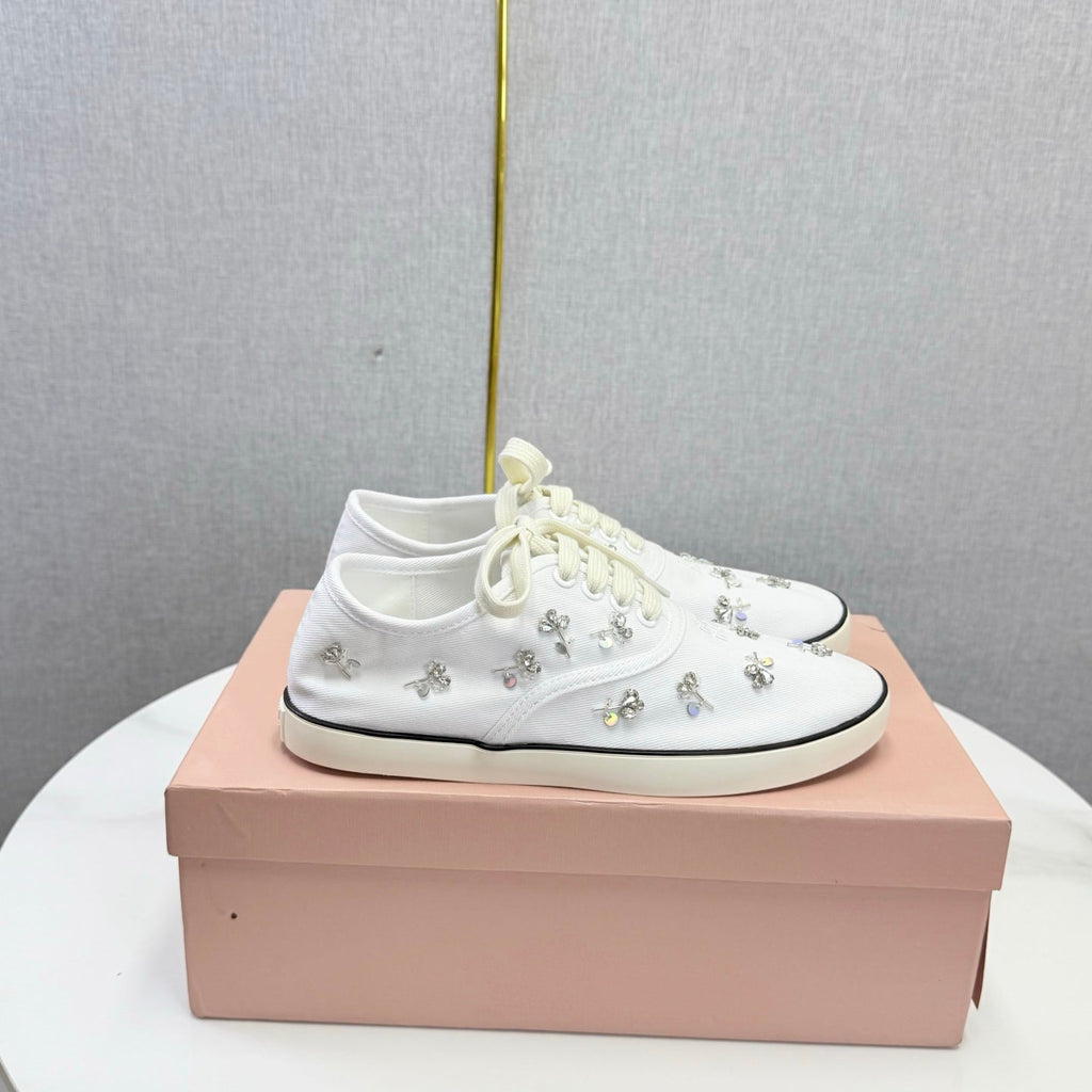 MIUMIU 26S EMBELLISHED SNEAKERS IN WHITE FABRIC