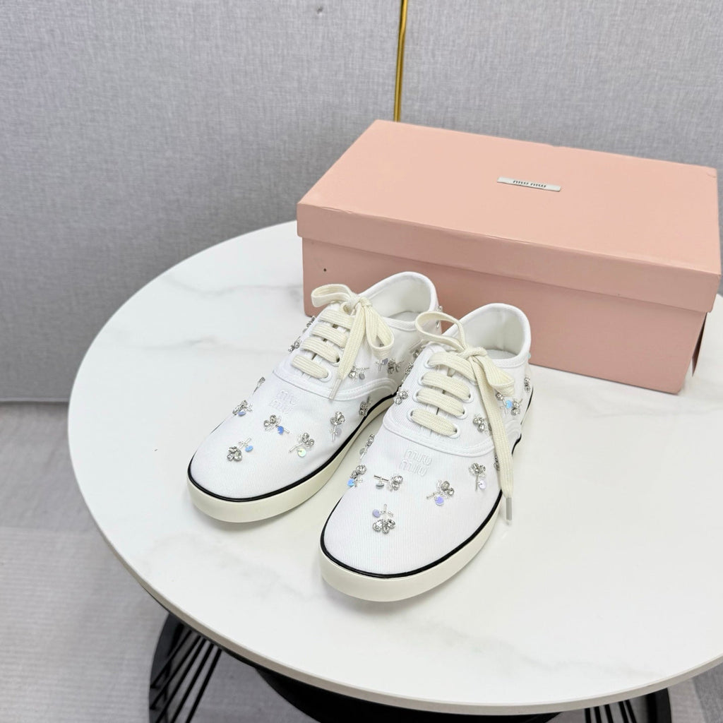 MIUMIU 26S EMBELLISHED SNEAKERS IN WHITE FABRIC