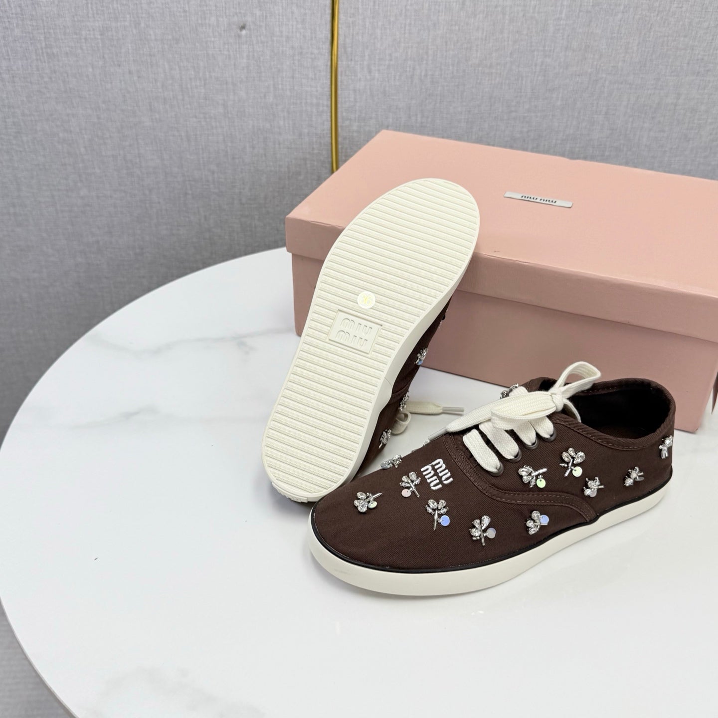 MIUMIU 26S EMBELLISHED SNEAKERS IN DRAK BROWN FABRIC