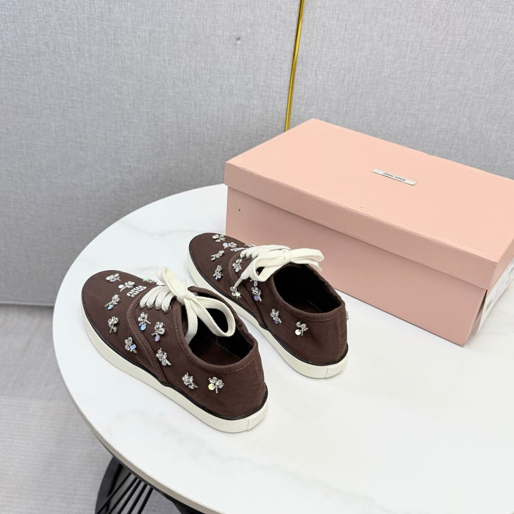 MIUMIU 26S EMBELLISHED SNEAKERS IN DRAK BROWN FABRIC