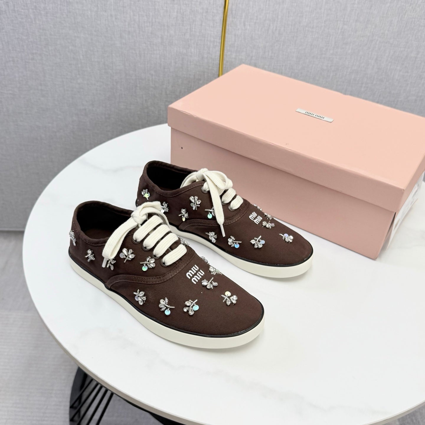 MIUMIU 26S EMBELLISHED SNEAKERS IN DRAK BROWN FABRIC