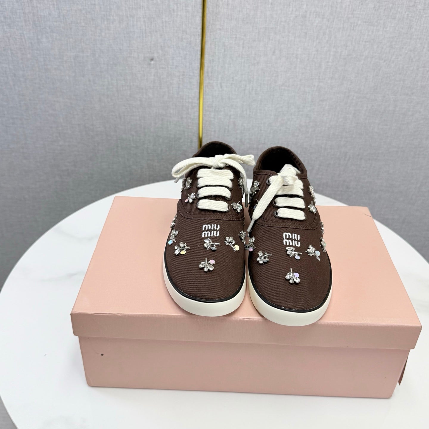 MIUMIU 26S EMBELLISHED SNEAKERS IN DRAK BROWN FABRIC