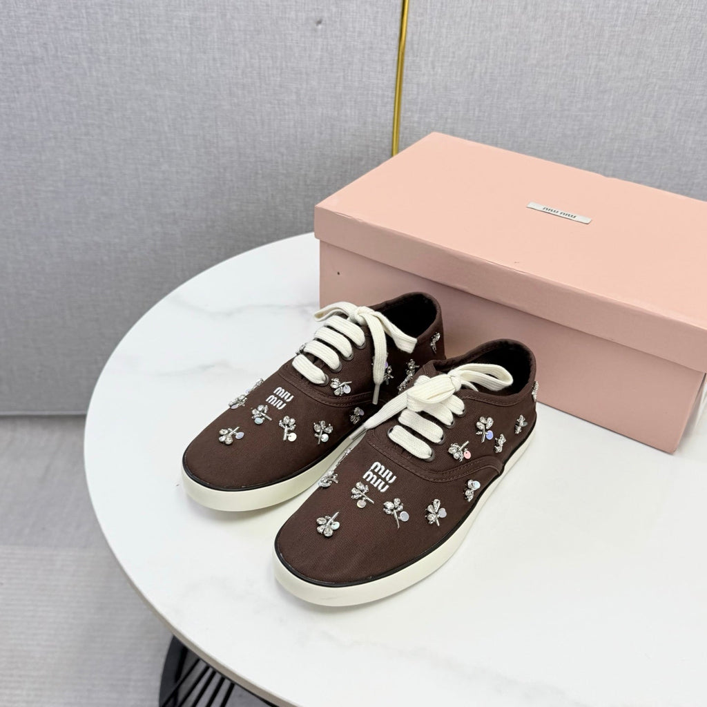 MIUMIU 26S EMBELLISHED SNEAKERS IN DRAK BROWN FABRIC