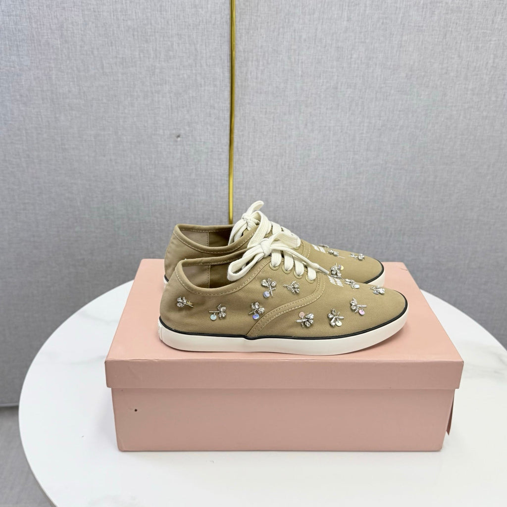 MIUMIU 26S EMBELLISHED SNEAKERS IN CHESTNUT BROWN FABRIC