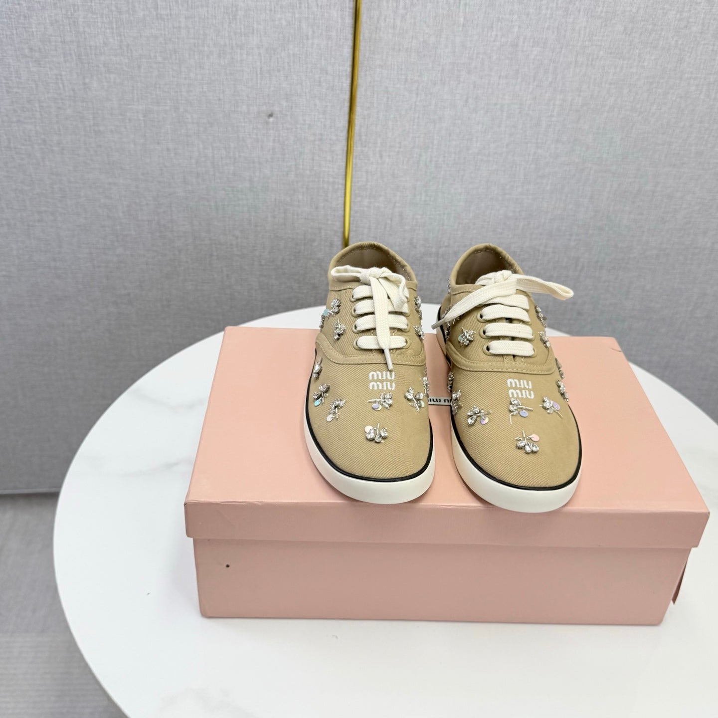 MIUMIU 26S EMBELLISHED SNEAKERS IN CHESTNUT BROWN FABRIC