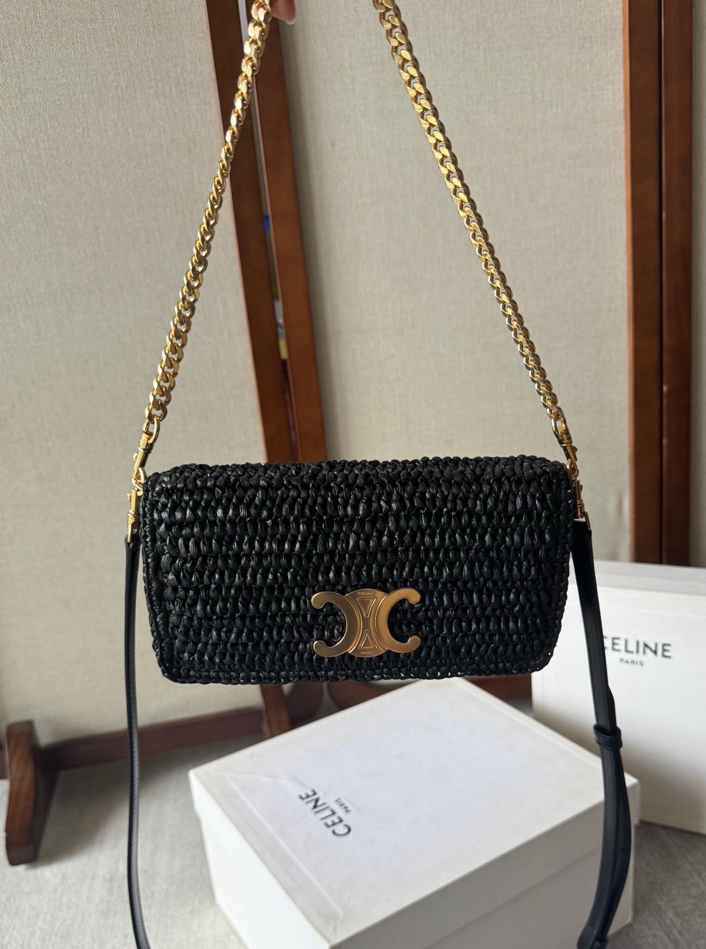 CELINE 26S MULTIPOCHETTE BAG 23 IN BLACK RAFFIA