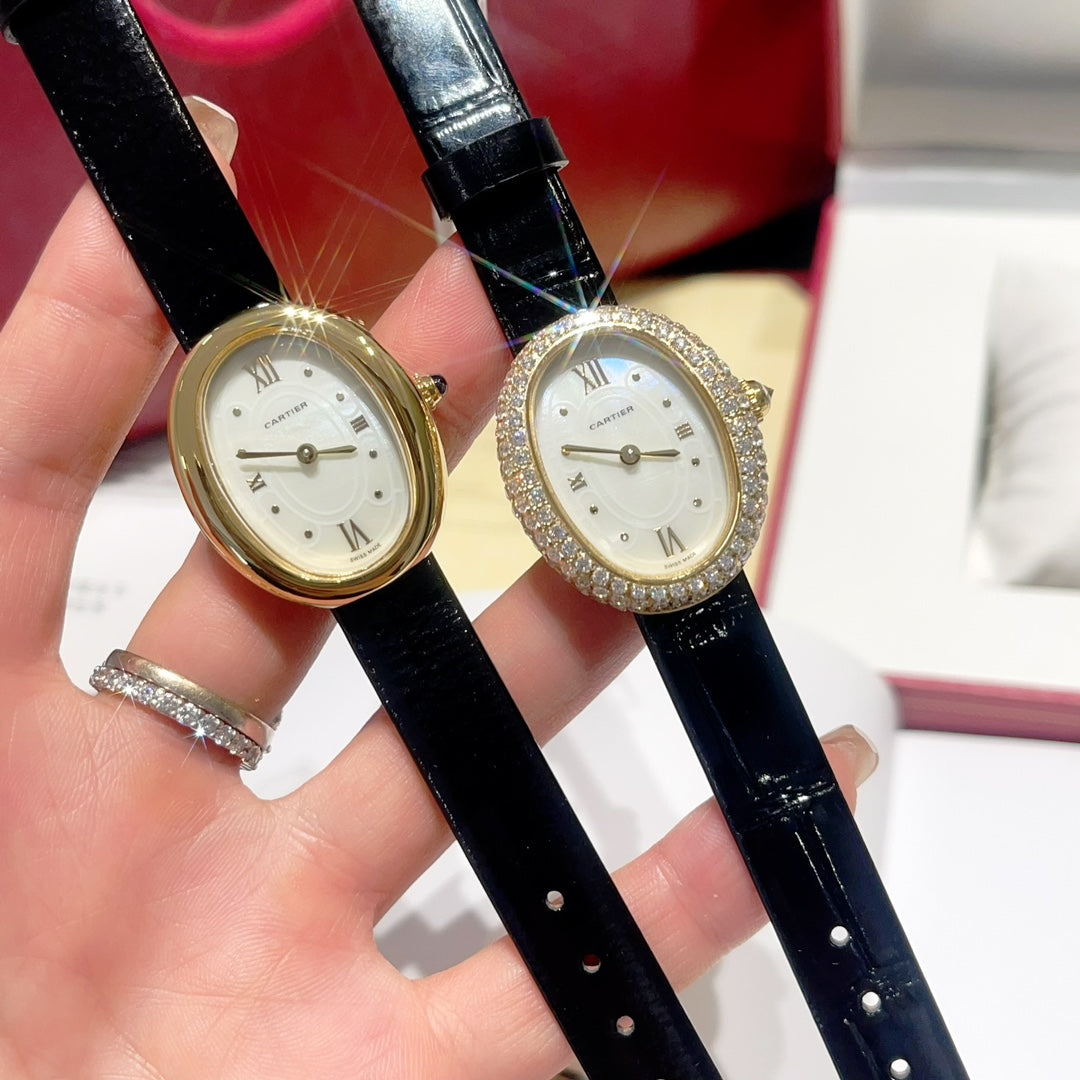 BAIGNOIRE WATCH GOLD CASE AND BLACK LEATHER STRAP