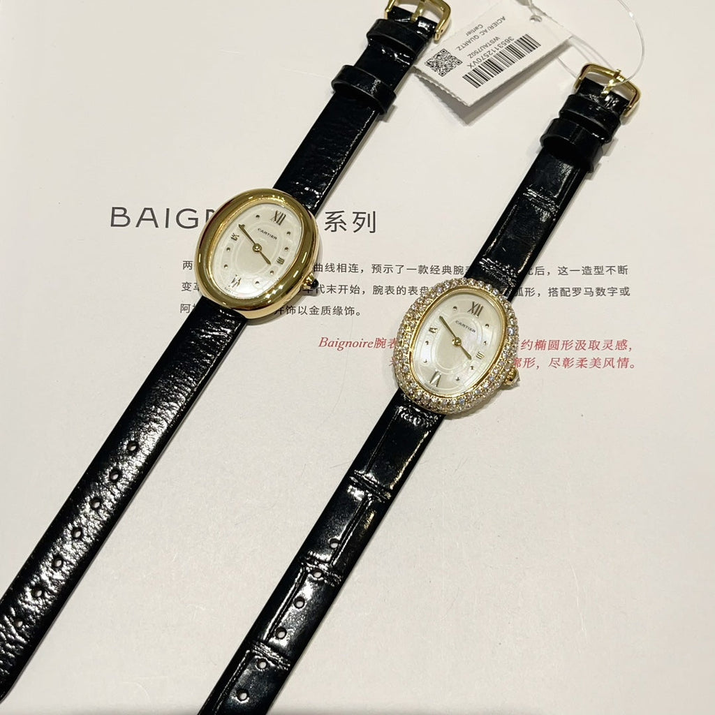 BAIGNOIRE WATCH GOLD CASE AND BLACK LEATHER STRAP