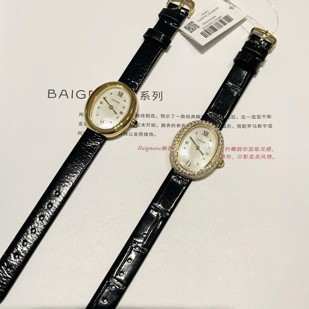 BAIGNOIRE WATCH GOLD CASE AND BLACK LEATHER STRAP