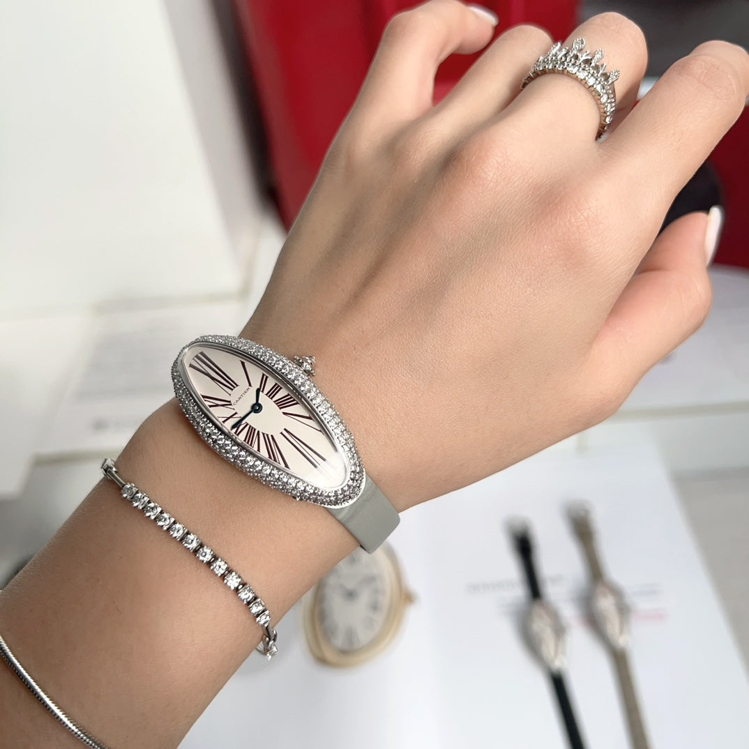BAIGNOIRE ALLONGÉE WATCH SILVER CASE WITH PASTEL GRAY LEATHER STRAP