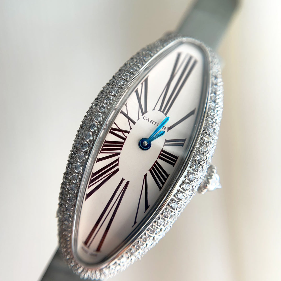 BAIGNOIRE ALLONGÉE WATCH SILVER CASE WITH PASTEL GRAY LEATHER STRAP