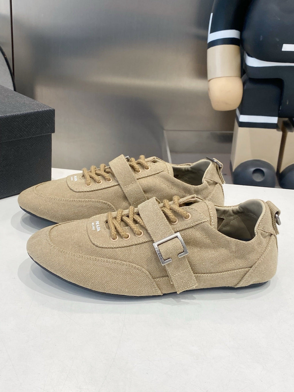 PRADA 26S SNEAKERS IN LIGHT BROWN FABRIC SILVER HARDWARE