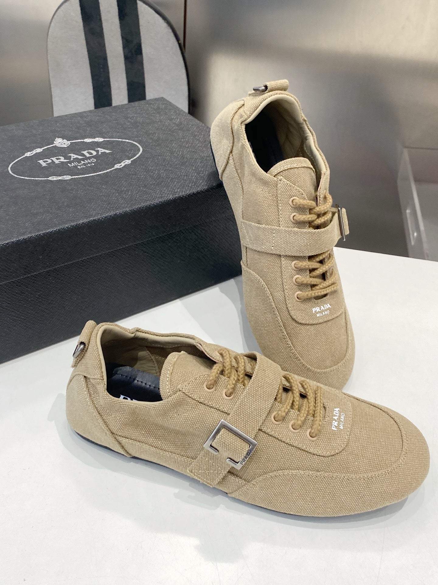 PRADA 26S SNEAKERS IN LIGHT BROWN FABRIC SILVER HARDWARE