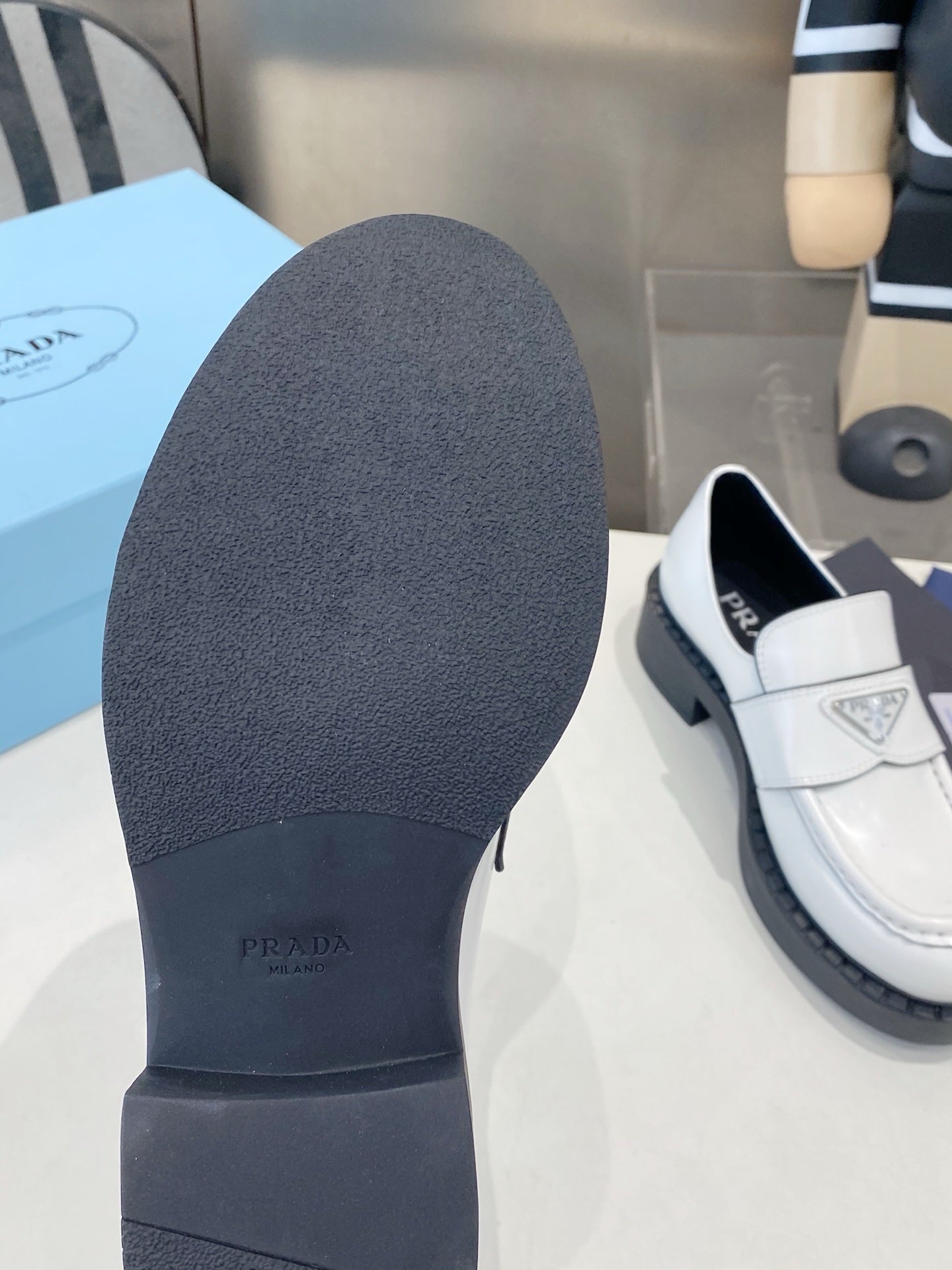 PRADA 26S LOAFERS IN WHITE CALFSKIN WITH LOGO