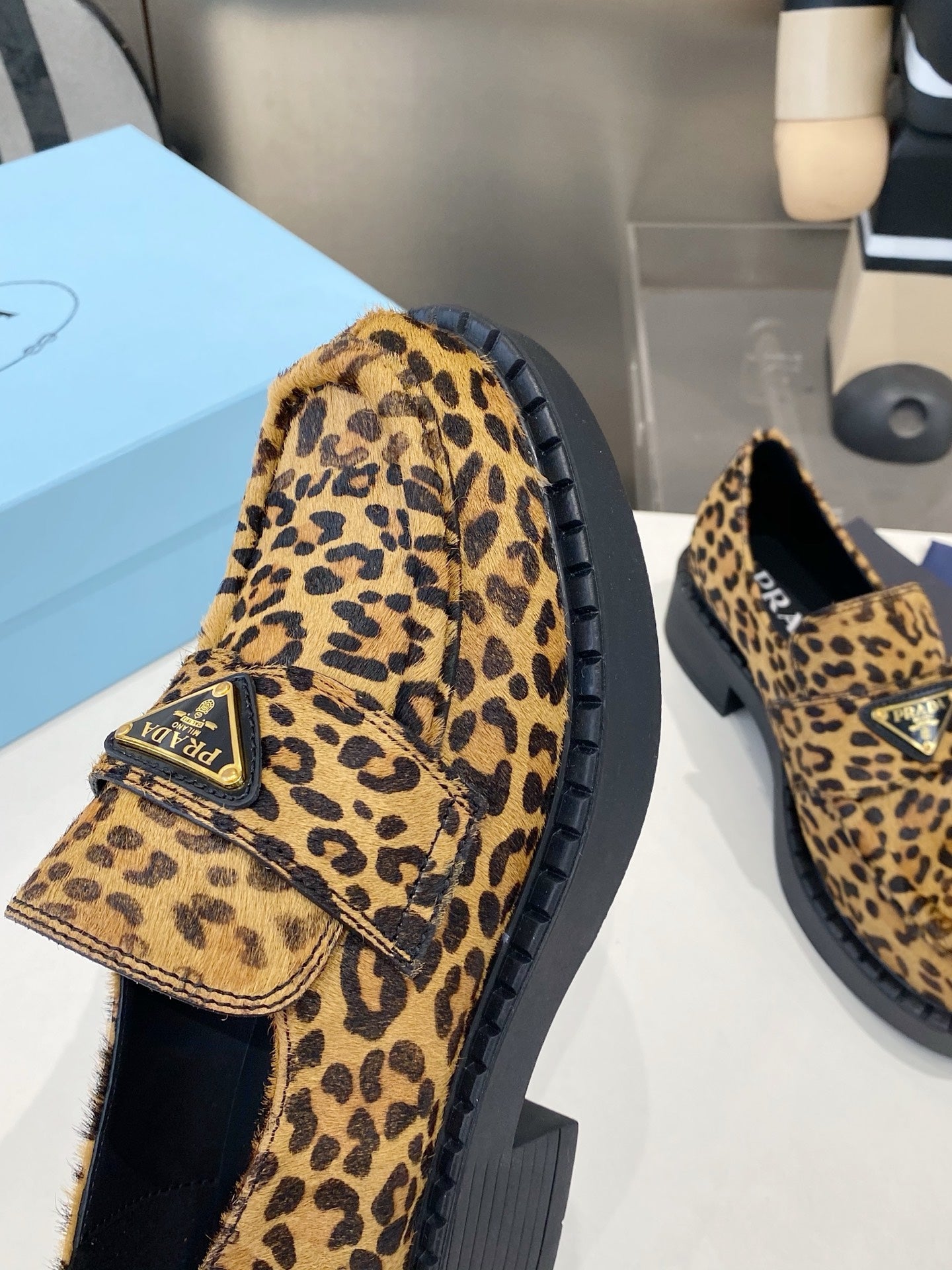 PRADA 26S LOAFERS IN BROWN LEOPARD PRINT PONY HAIR