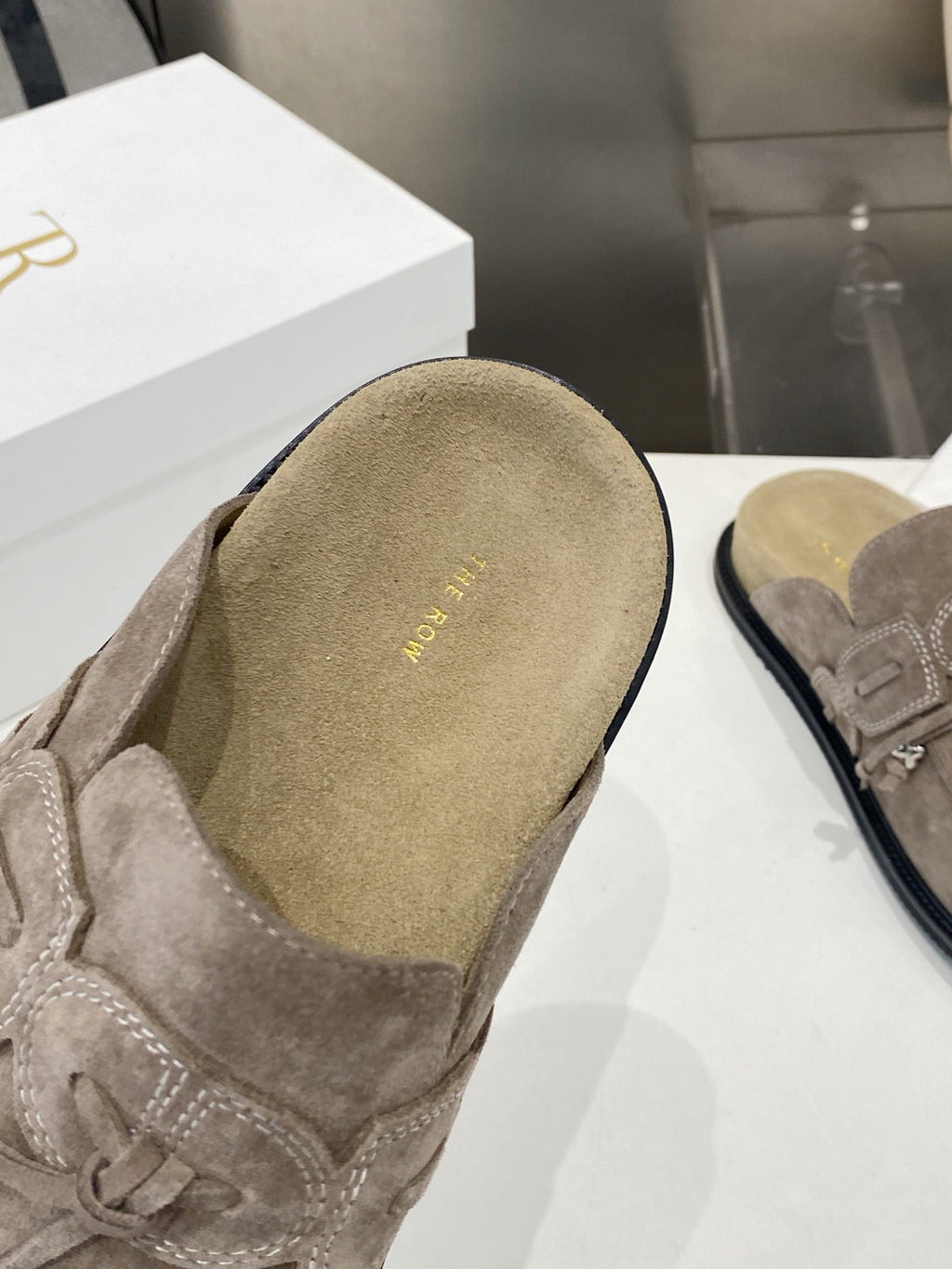 THE ROW 26S KNOT DETAIL MULE LOAFERS IN TAUPE BROWN SUEDE