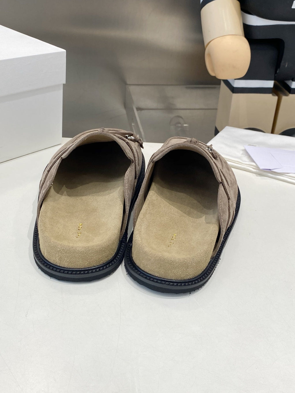 THE ROW 26S KNOT DETAIL MULE LOAFERS IN TAUPE BROWN SUEDE