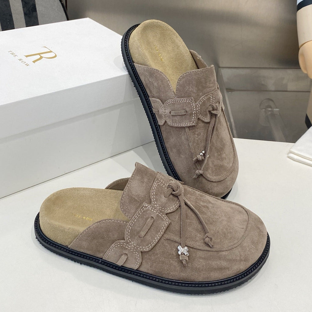 THE ROW 26S KNOT DETAIL MULE LOAFERS IN TAUPE BROWN SUEDE