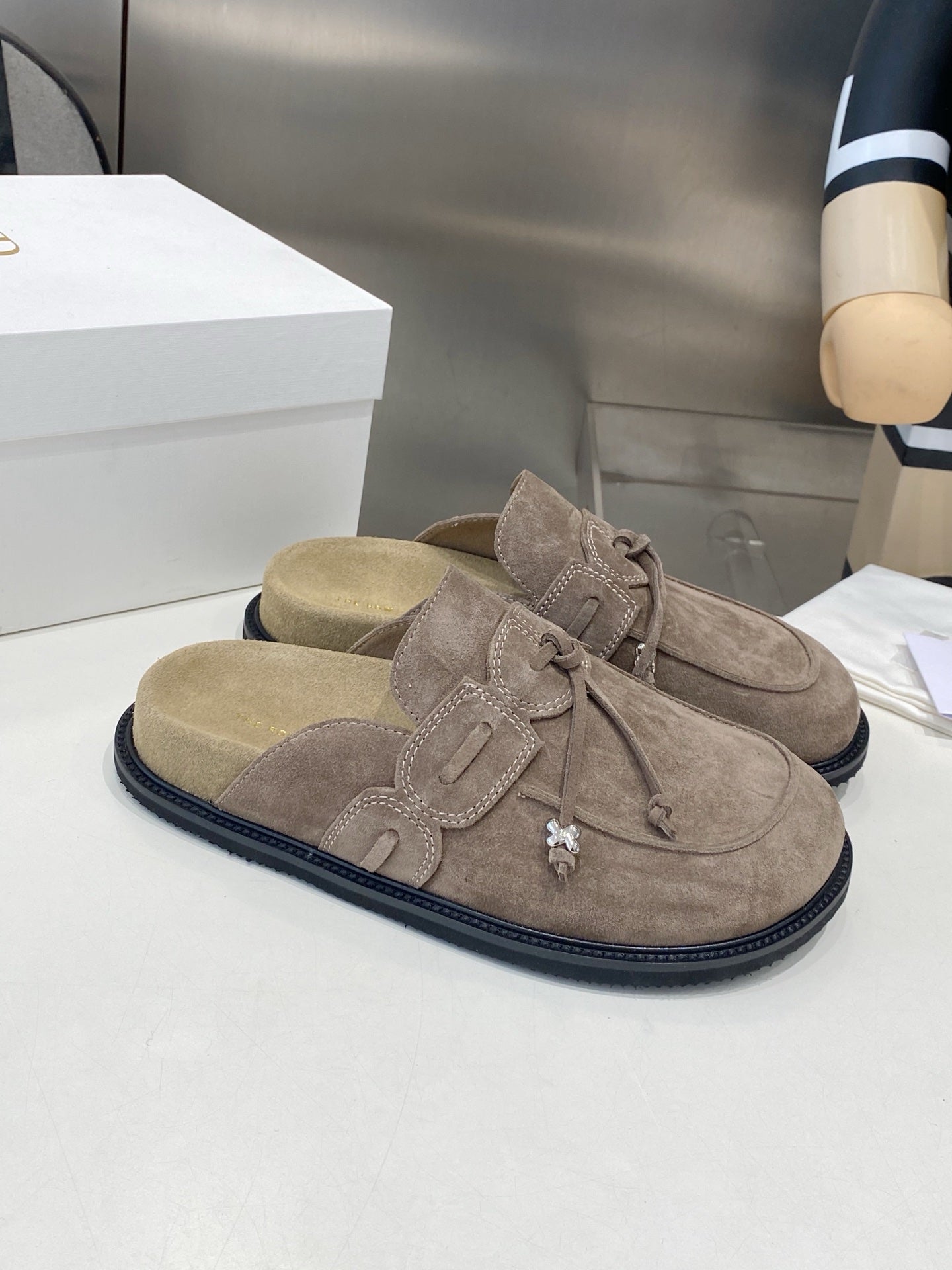 THE ROW 26S KNOT DETAIL MULE LOAFERS IN TAUPE BROWN SUEDE