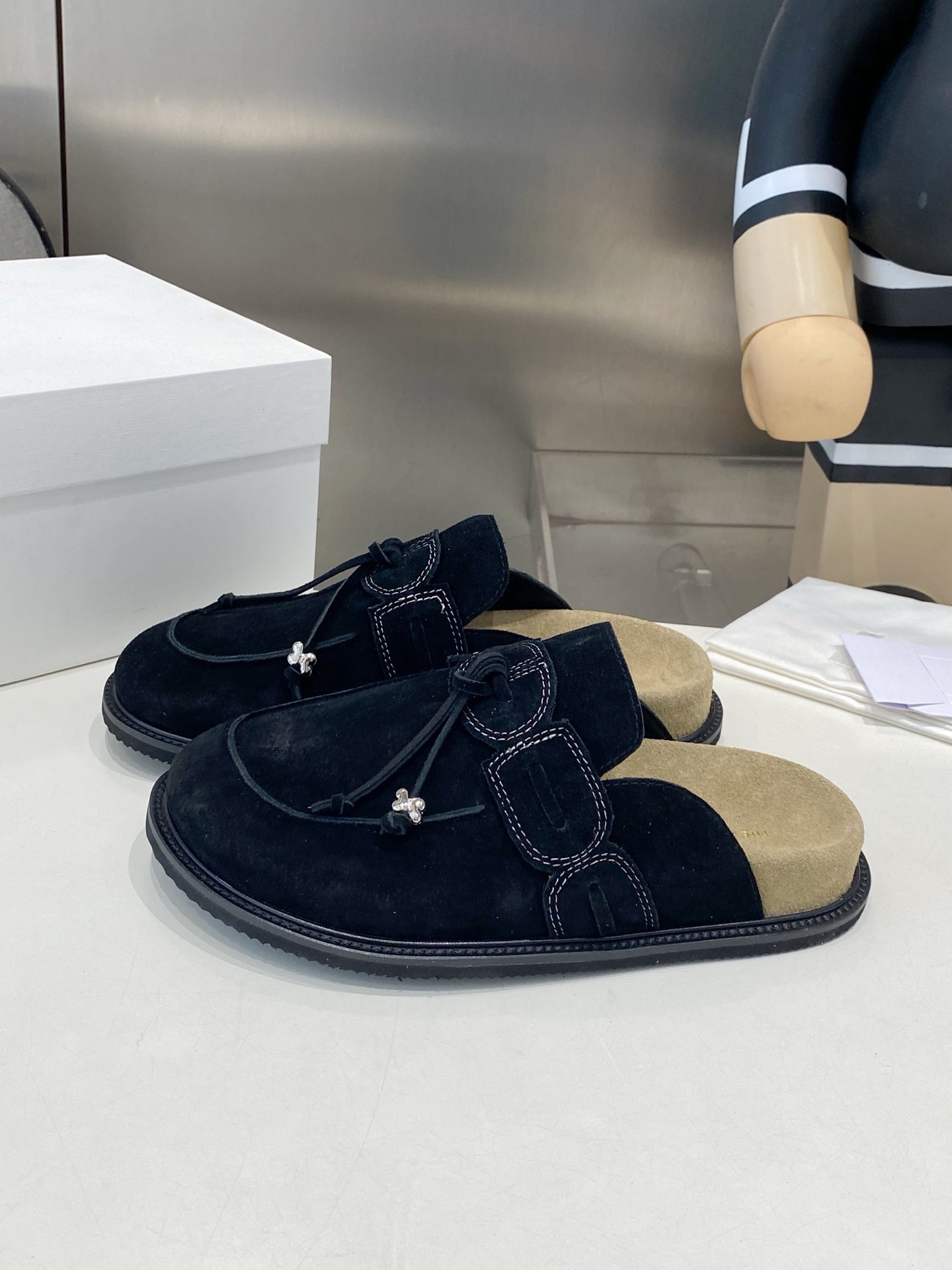 THE ROW 26S KNOT DETAIL MULE LOAFERS IN BLACK SUEDE