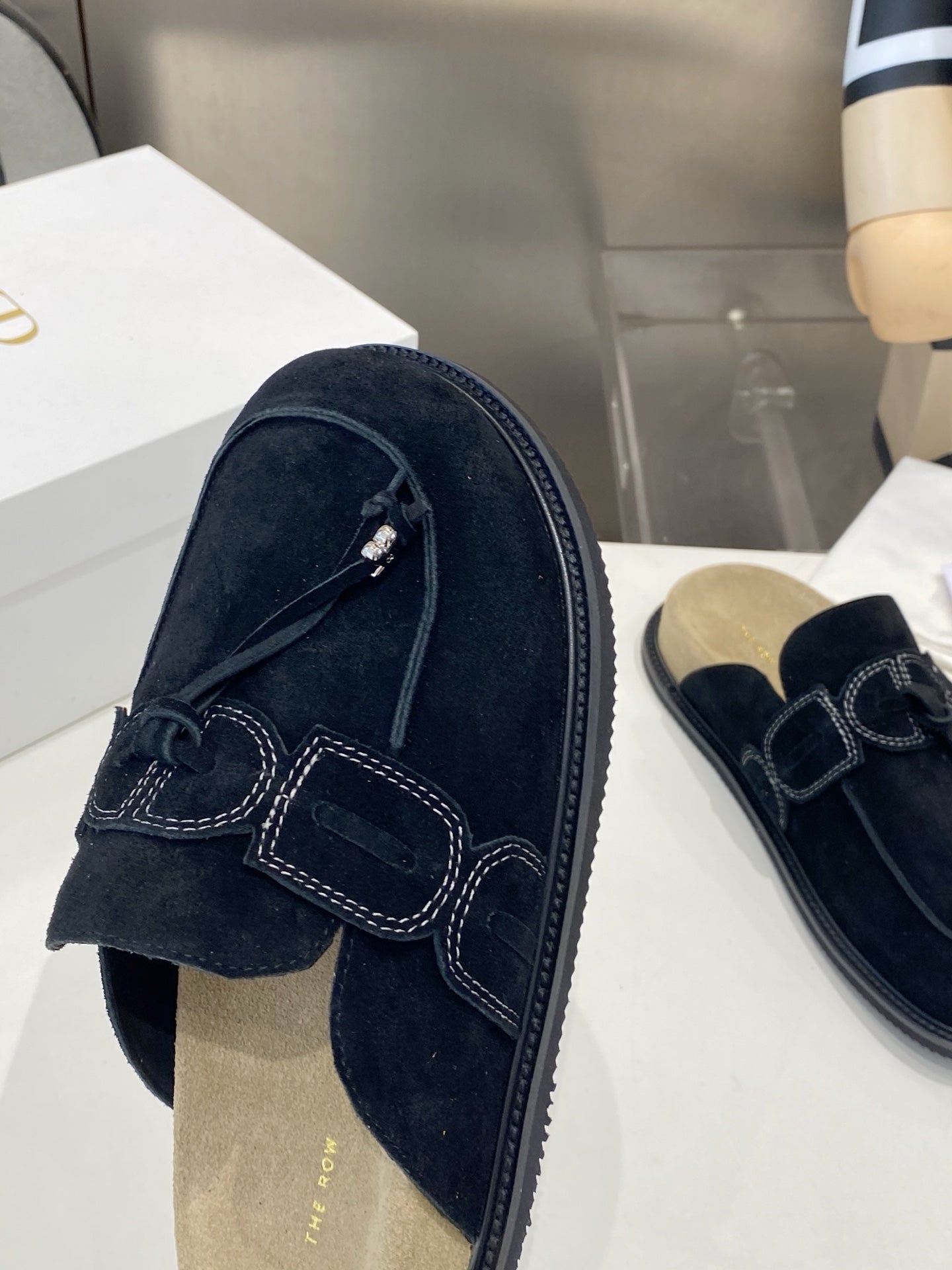 THE ROW 26S KNOT DETAIL MULE LOAFERS IN BLACK SUEDE