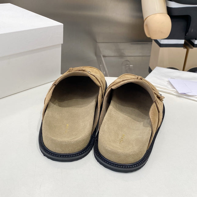 THE ROW 26S KNOT DETAIL MULE LOAFERS IN SAND BEIGE SUEDE