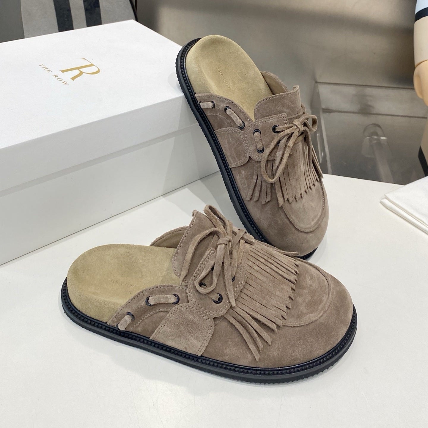 THE ROW 26S FRINGE LACE UP MULES IN TAUPE BROWN SUEDE